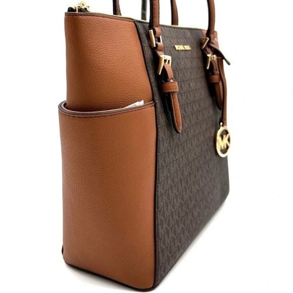 Michael Kors Large Charlotte Tote Bag Luggage Leather Brown - Picture 4 of 12